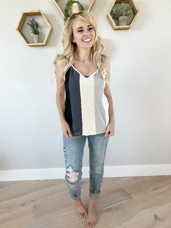 Girl Interrupted Color Block Knit Tank in Ivory Gray and Charcoal