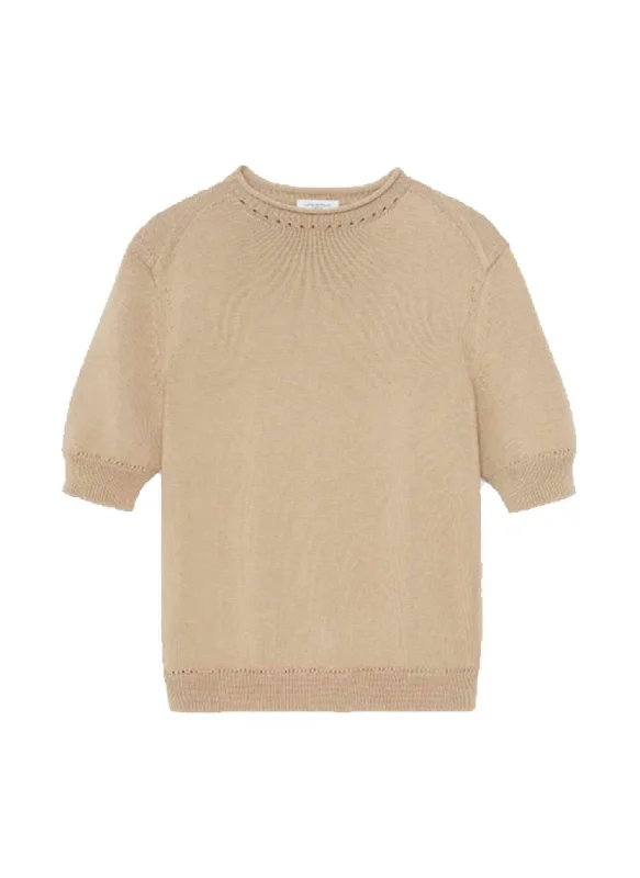 High Crew Neck Cotton Sweater In Beige