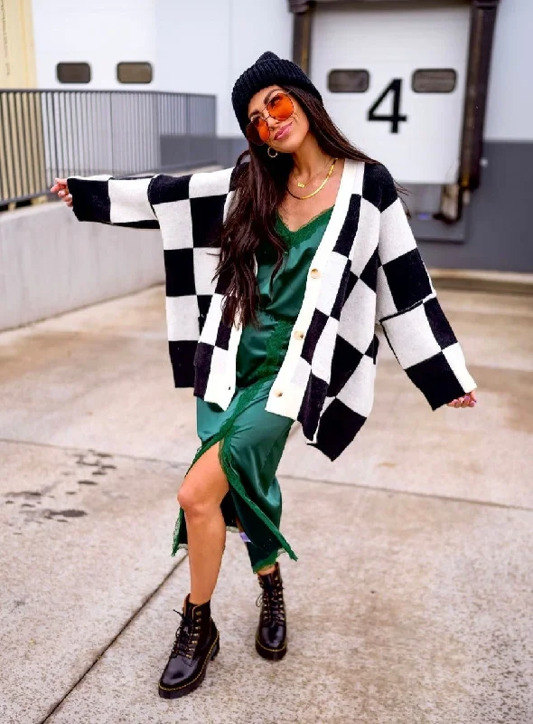 Love You Oversized Checkerboard Cardigan in Black + White *RESTOCKED*