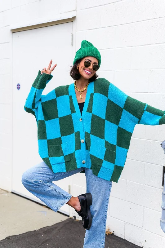 Love You Oversized Checkerboard Cardigan in Emerald + Sky