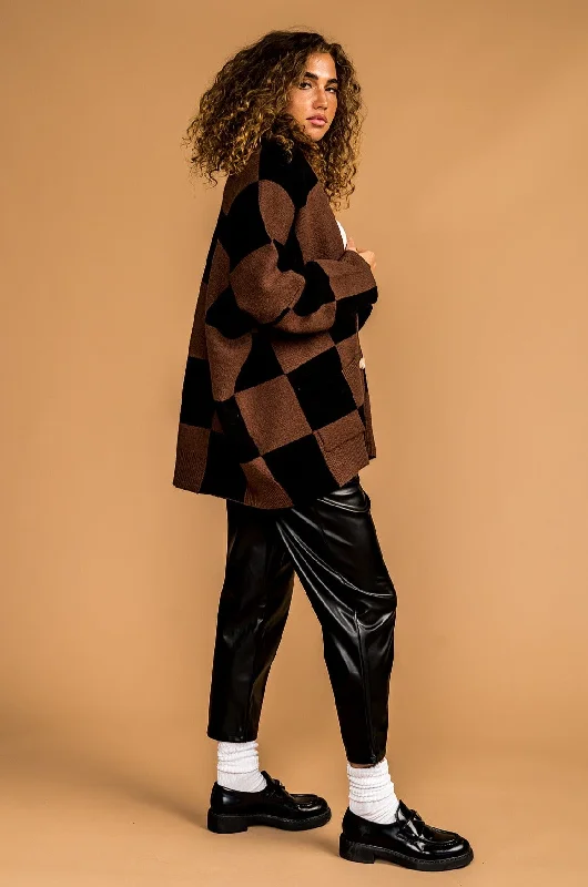 Love You Oversized Checkerboard Cardigan in Mocha + Black