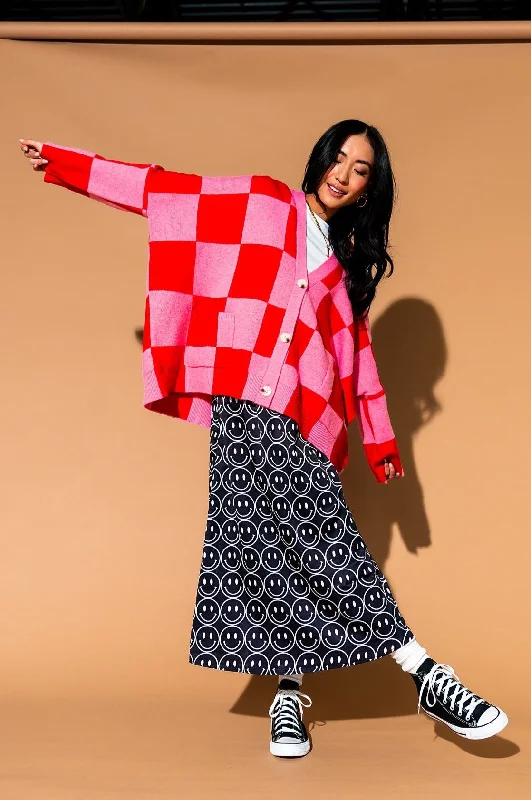 Love You Oversized Checkerboard Cardigan in Red + Pink *RESTOCKED*