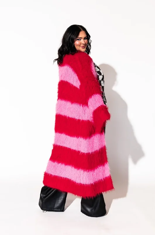 I Love Me Longline Fuzzy Cardigan in Pink + Red