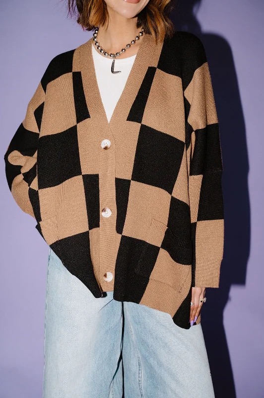 Love You Oversized Checkerboard Cardigan in Black + Latte