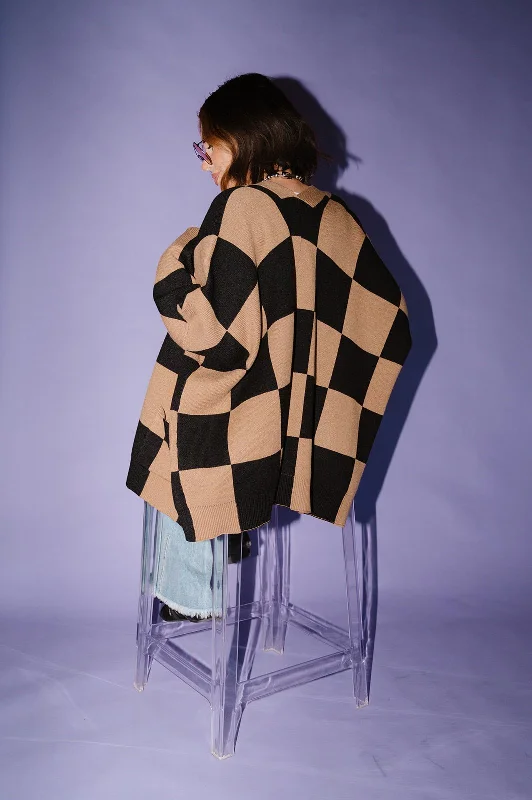 Love You Oversized Checkerboard Cardigan in Black + Latte