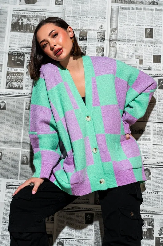 Love You Oversized Checkerboard Cardigan in Lilac + Mint