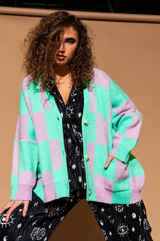 Love You Oversized Checkerboard Cardigan in Lilac + Mint