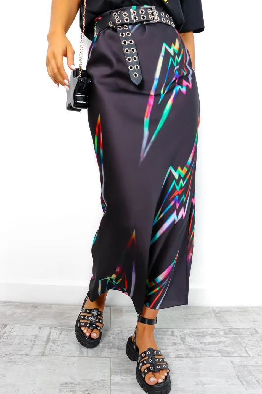 Like Lightning - Black Multi Lightning Satin Midaxi Skirt