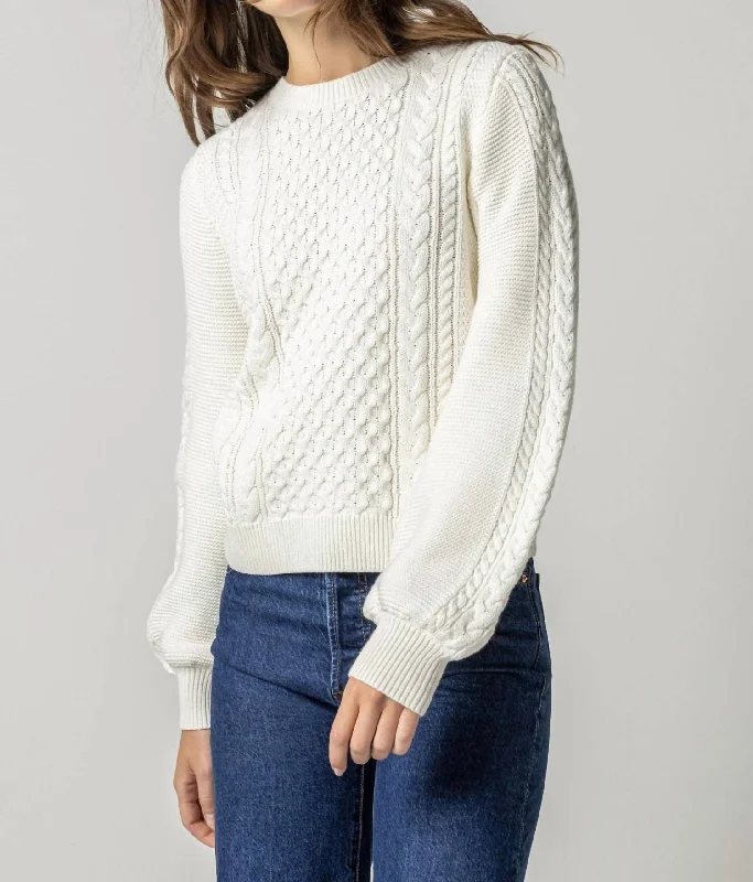 Long Sleeve Cable Crewneck Sweater In Ivory