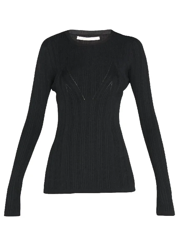 Long Sleeve Fitted Knit Top With Detail In Black