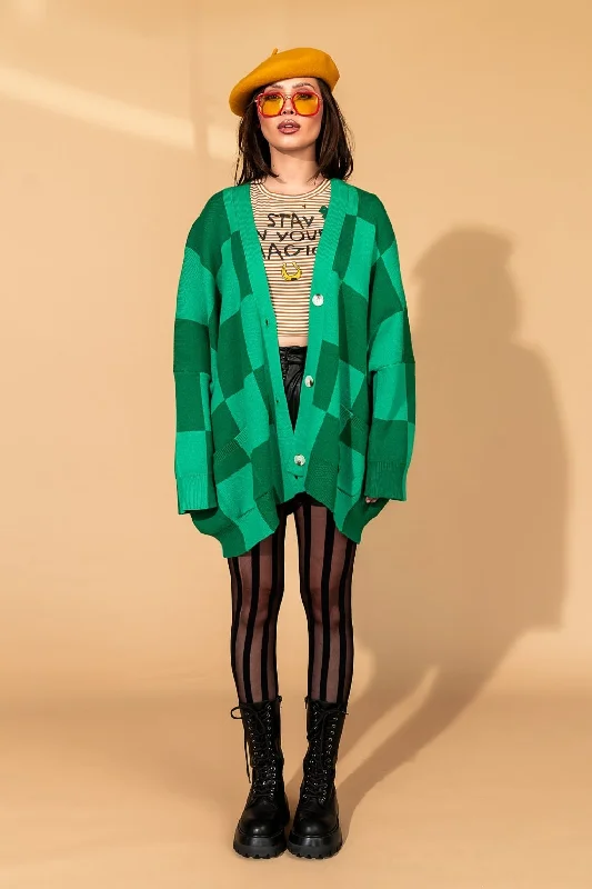 Love You Oversized Checkerboard Cardigan in Green Girl