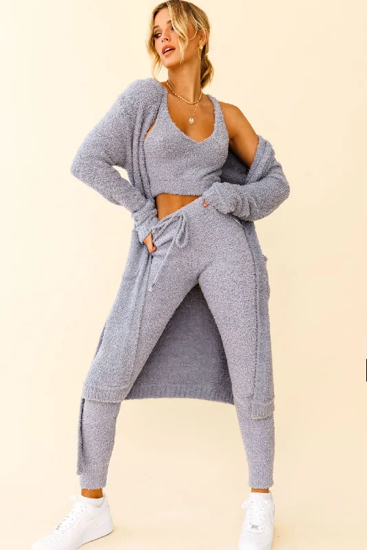 My Girl Fuzzy Knit Longline Pocket Cardigan Steel Blue