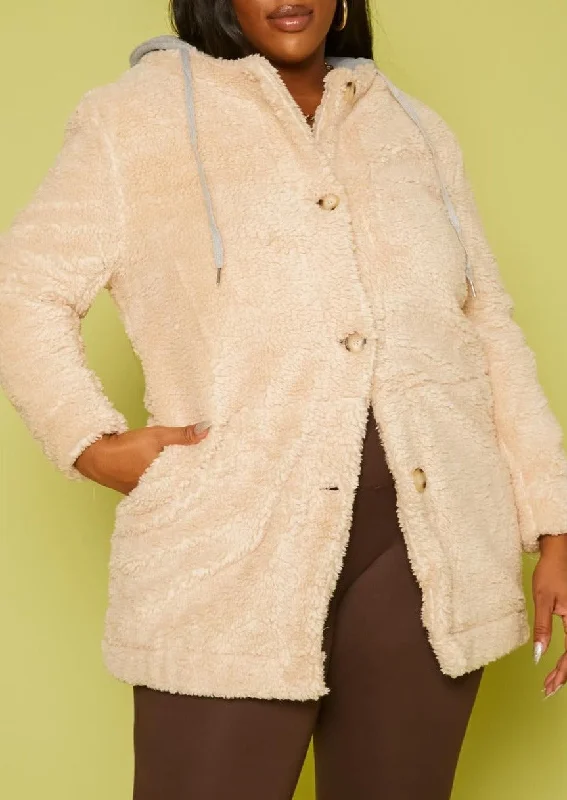 Hi Curvy Plus Size Women Faux Fur Button Front Hooded Jacket