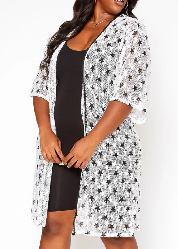 HI Curvy Plus Size Women Star Pattern Open Front Cardigan