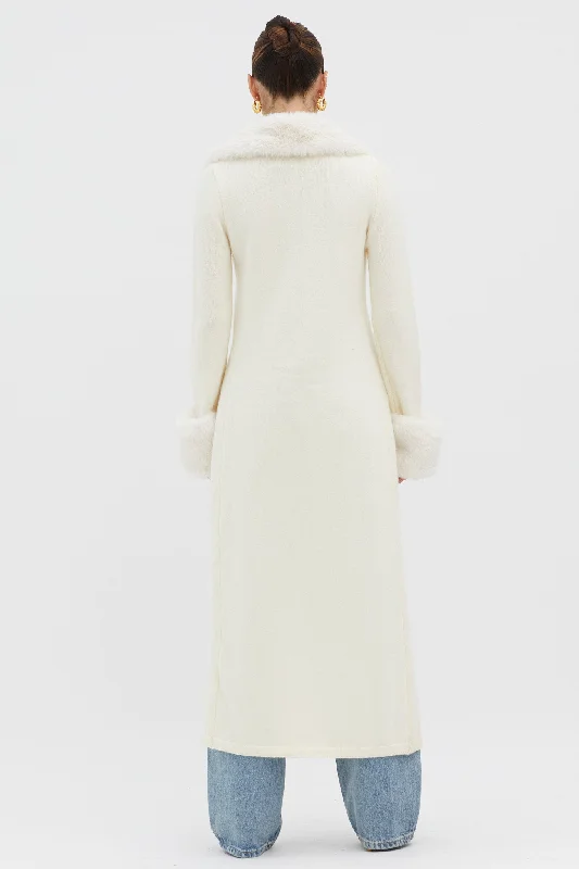 Snowflakes Fur Trim Longline Cardigan Coat Ivory