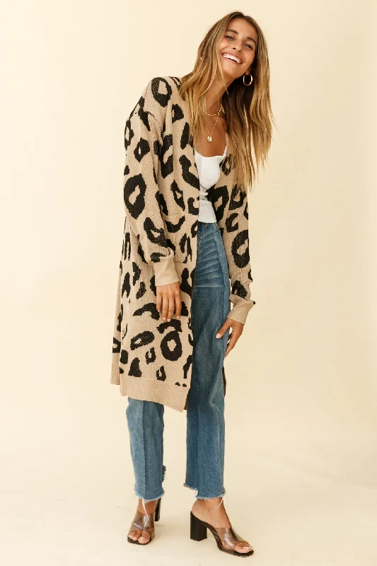 Switch It Up Longline Pocket Knit Cardigan Animal Print Beige