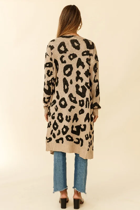 Switch It Up Longline Pocket Knit Cardigan Animal Print Beige