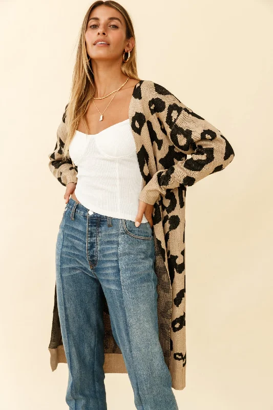 Switch It Up Longline Pocket Knit Cardigan Animal Print Beige