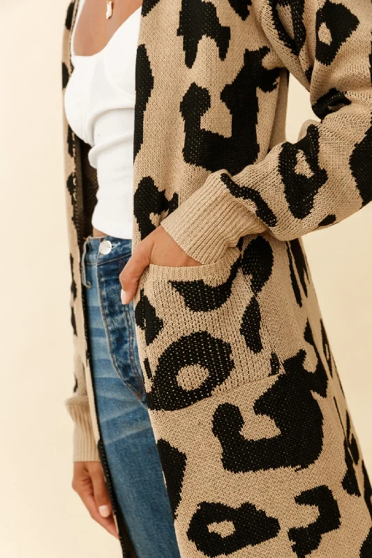 Switch It Up Longline Pocket Knit Cardigan Animal Print Beige