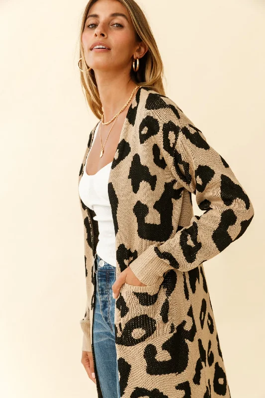 Switch It Up Longline Pocket Knit Cardigan Animal Print Beige