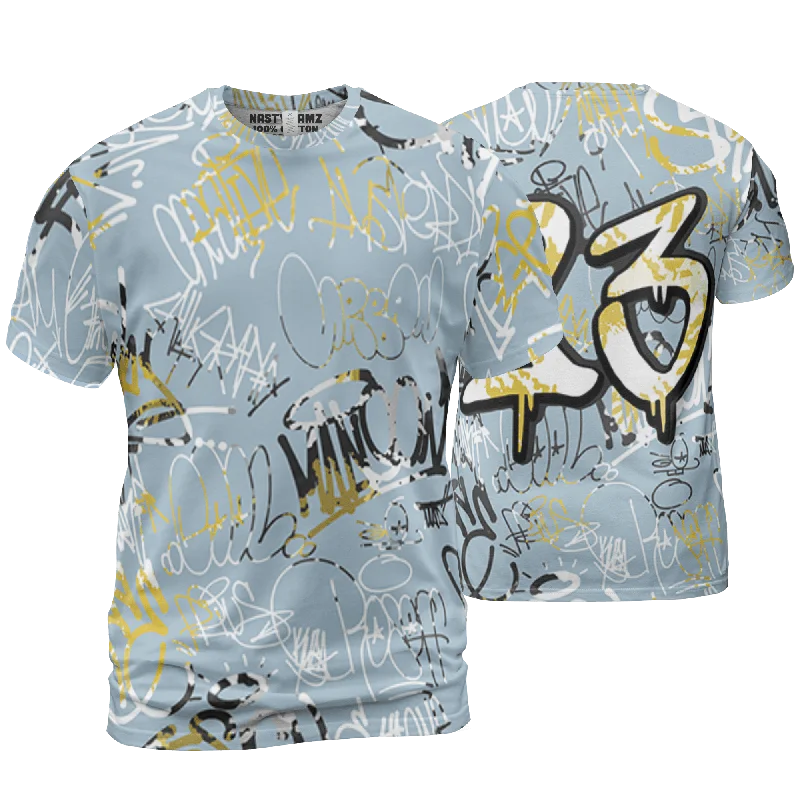 NastyJamz Blue Grey 13s T Shirt Match 23 Hiphop 3D All-Over Print Graffiti Pattern