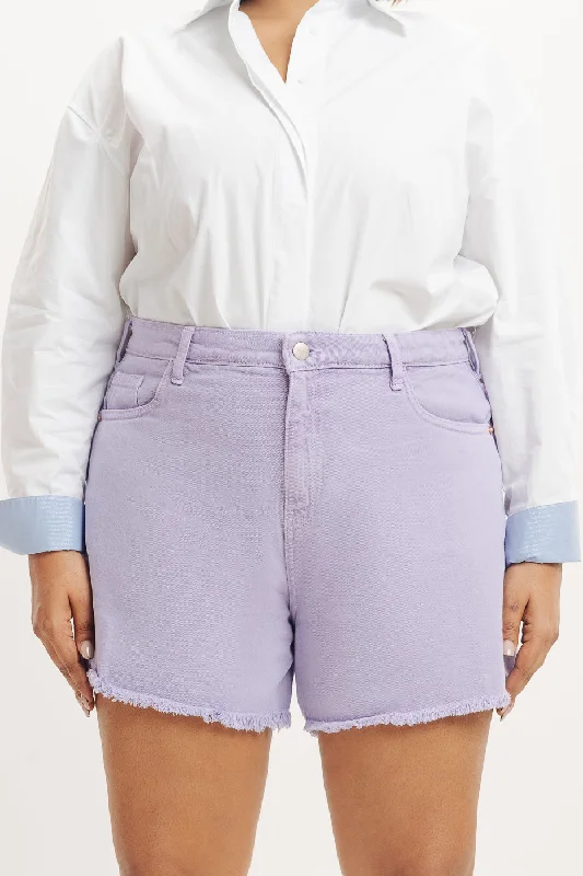 Denim Curve Frayed Hem Lavender Shorts