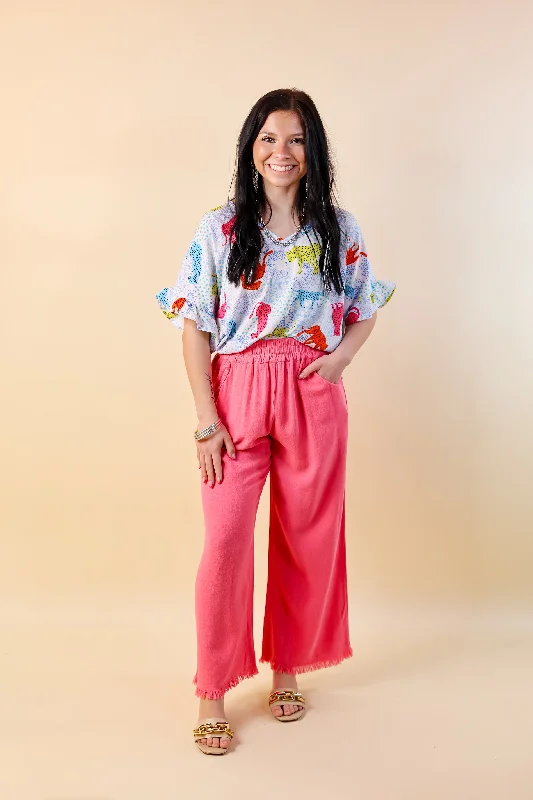 Right On Cue Elastic Waistband Cropped Pants with Frayed Hem in Pink