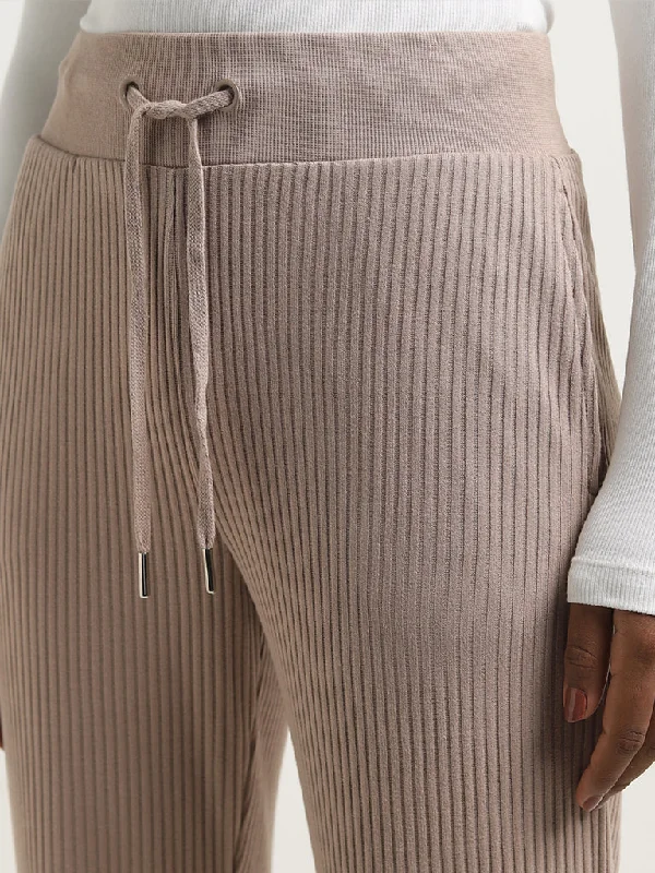 Studiofit Beige Ribbed-Textured High-Rise Track Pants