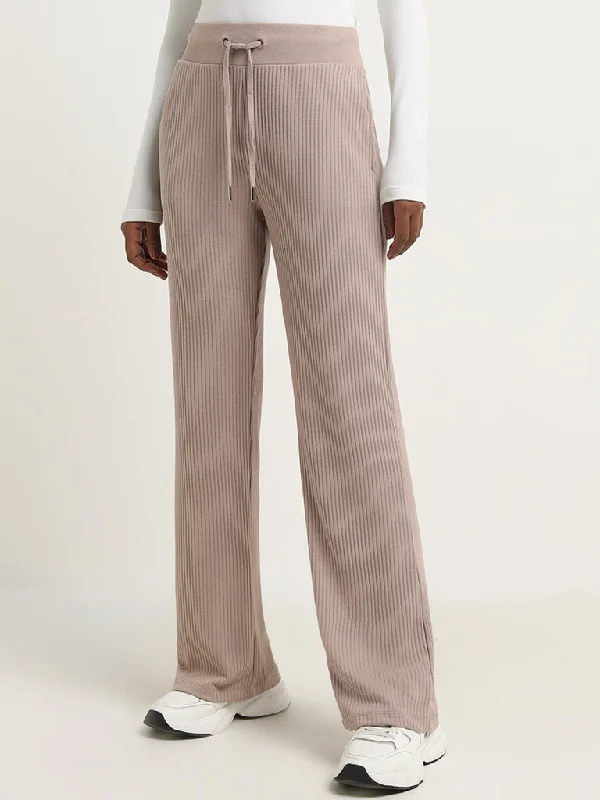 Studiofit Beige Ribbed-Textured High-Rise Track Pants