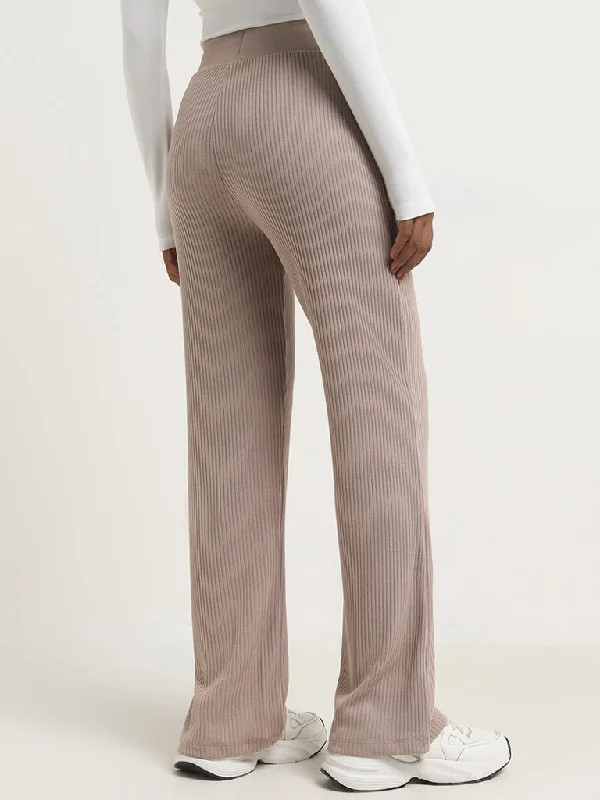 Studiofit Beige Ribbed-Textured High-Rise Track Pants