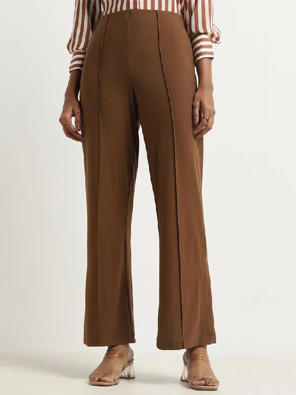 Wardrobe Brown Seam-Detailed High-Rise Trousers