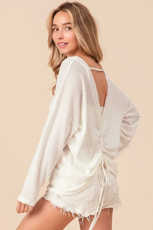 Hot Girl Waffled Backless Drawstring Long Sleeve Top