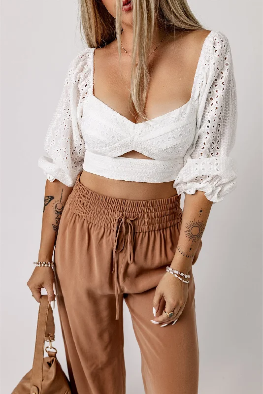 Hot Girl Eyelet Sweetheart Neck Cutout Long Sleeve Crop Top