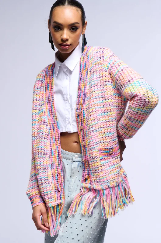 LOOKIN IN THE MIRROR MULTICOLOR FRINGE CARDIGAN