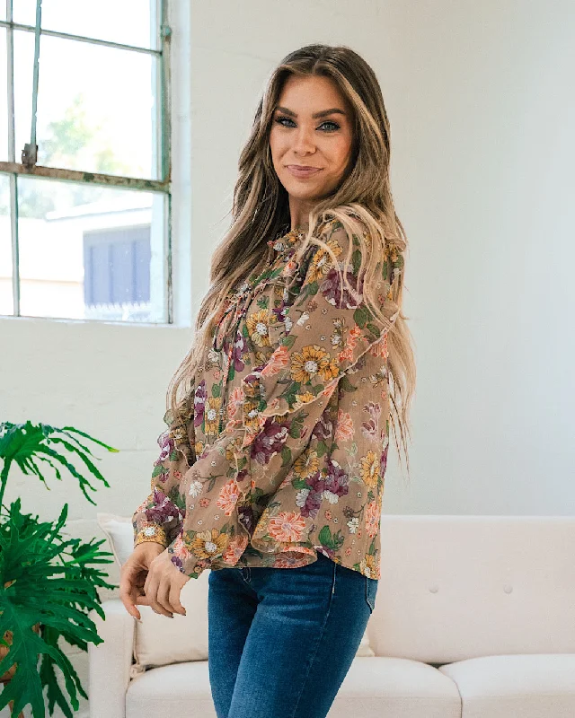 Rachel Sheer Taupe Floral Blouse FINAL SALE