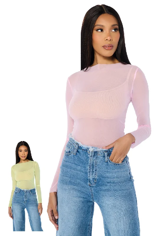 PAXTON TWO PACK RAW HEM LONG SLEEVE MESH TEES IN PINK AND YELLOW