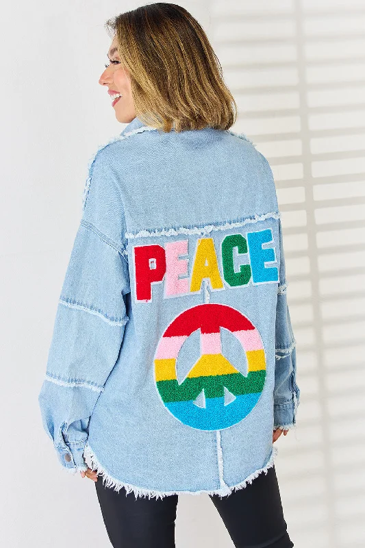 Hot Girl Rainbow PEACE Raw Hem Denim Long Sleeve Top