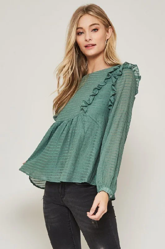 Hot Girl Striped Sheer Boho In Green Long Sleeve Top