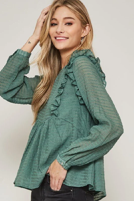 Hot Girl Striped Sheer Boho In Green Long Sleeve Top