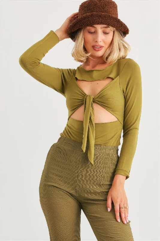 Hot Girl Cut-Out Tie Knit In Moss Green Long Sleeve Bodysuit