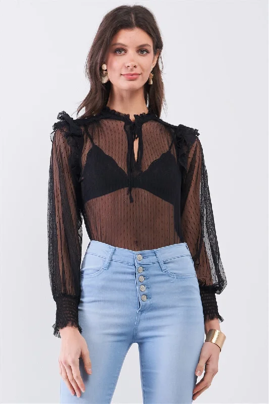 Hot Girl Sheer Lace Polka Dot Frill Trim In Black Long Sleeve Bodysuit