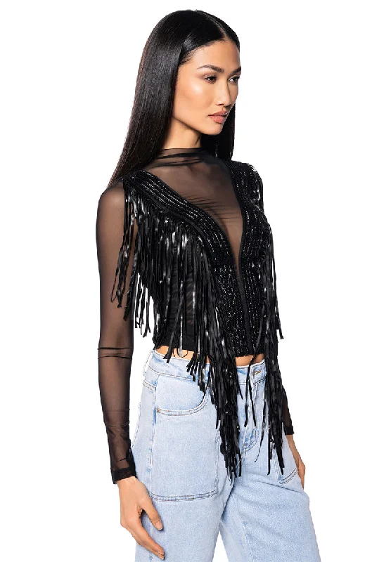 WORHTY OF ME FRINGE DETAIL LONG SLEEVE MESH TOP