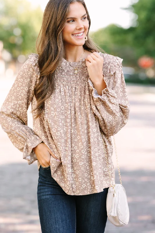 All About You Taupe Brown Floral Blouse