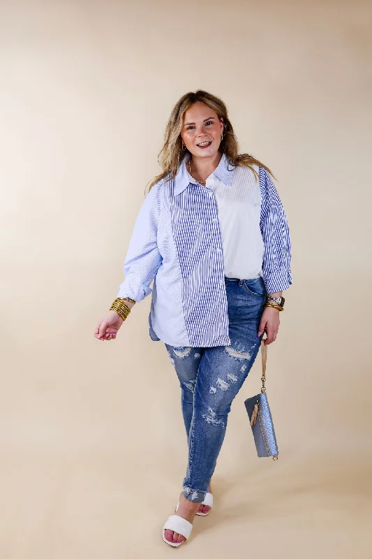 Back To You Pin Stripe Color Block Button Up Top in Blue and White