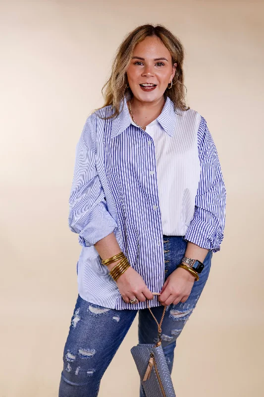 Back To You Pin Stripe Color Block Button Up Top in Blue and White