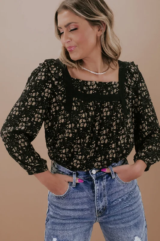 Ditsy Floral Square Neck Top, Black