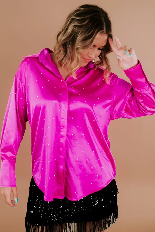 Get to Glam Satin Rhinestone Top, Hot Pink