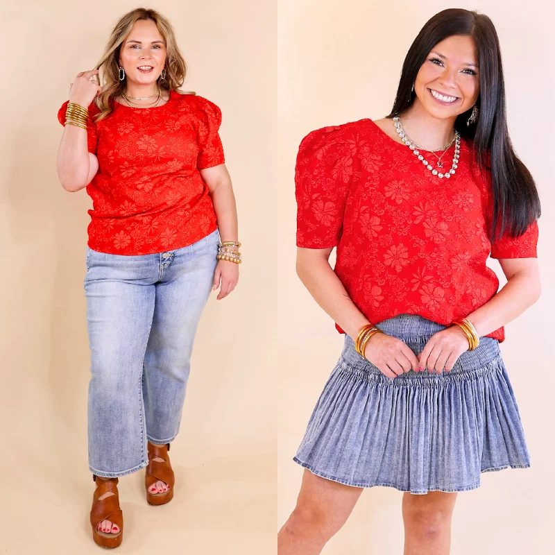 Fab Feeling Puff Shoulder Floral Embossed Top in Red