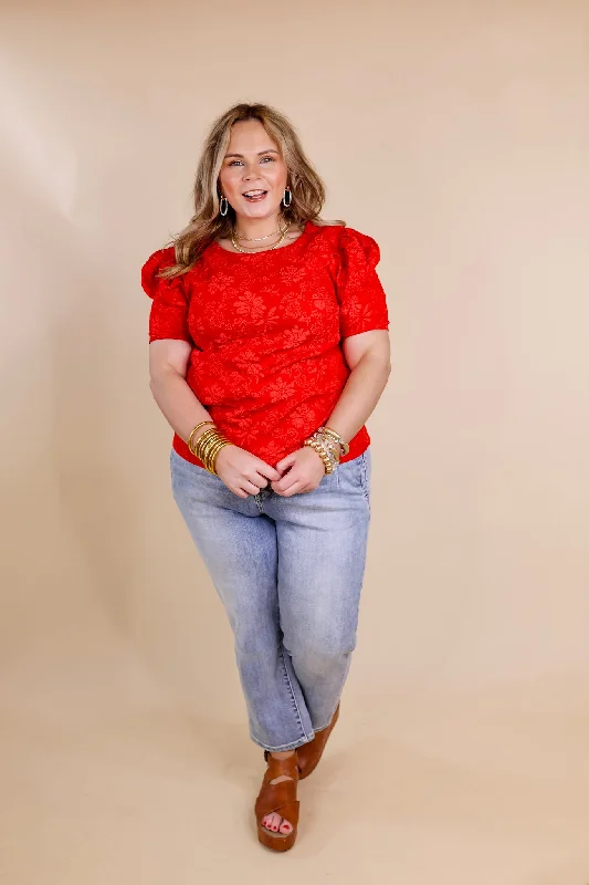 Fab Feeling Puff Shoulder Floral Embossed Top in Red