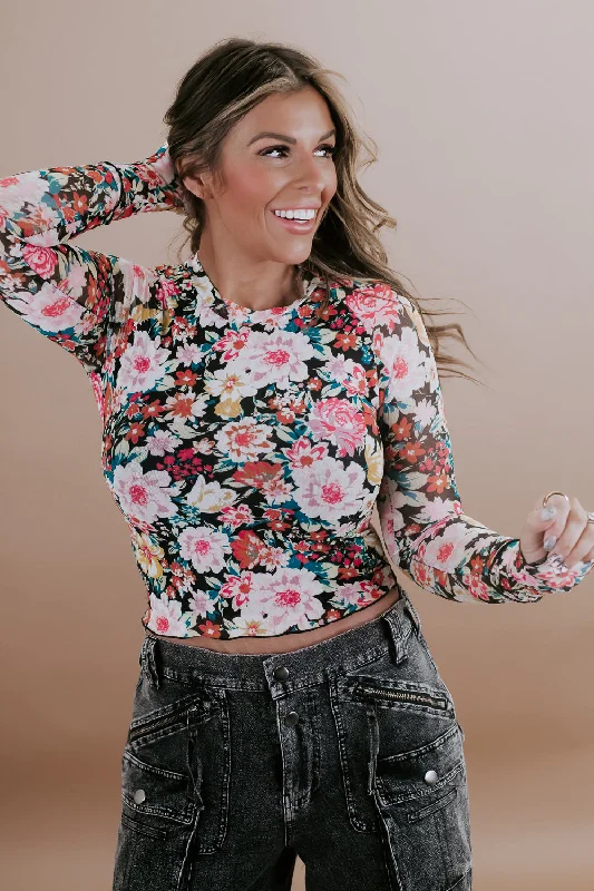 Floral Mesh Long Sleeve Top, Black